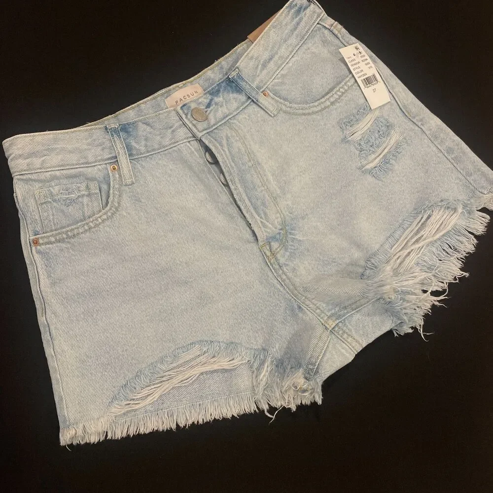 ~ NEW PacSun 27 Denim Festival Shorts Boho Acid Wash Rip Button High Waist Blue